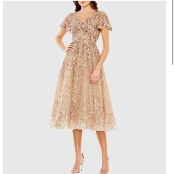 Mac Duggal  Beige Embellished Butterfly Fit and Flare Tea-Length Dress 20392 18 - Picture 1 of 14